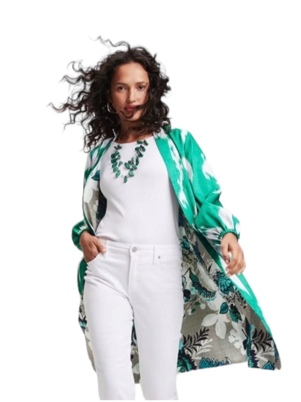 Chico's Reversible Duster Jacket Tropic Emerald Ikat Floral Satin Size 3 16 NWT - Picture 15 of 16
